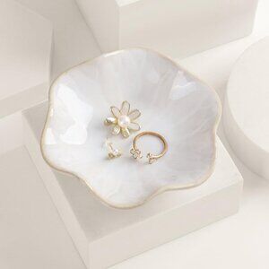White Ceramic Jewelry Dish Lotus Leaf Trinket Tray Ring Holder Decorative Bowl